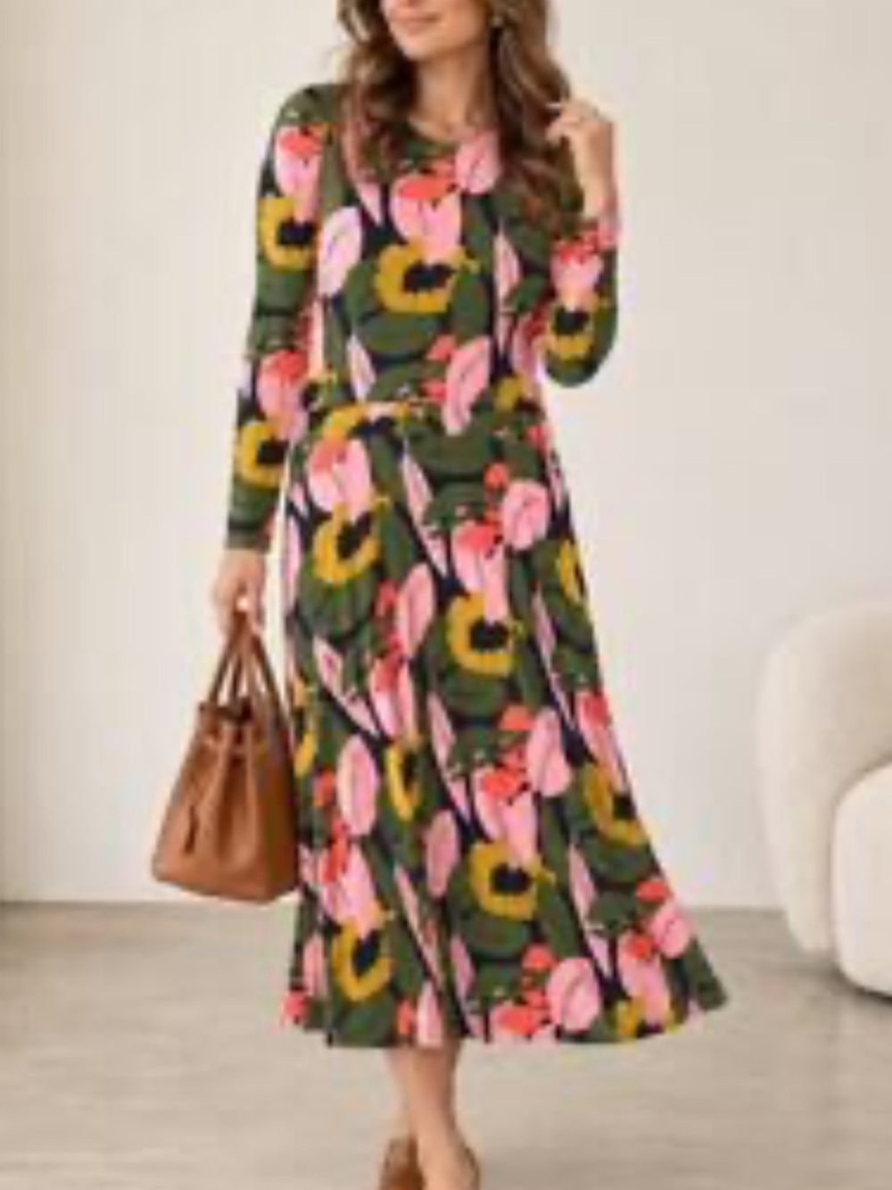 Boden Bold Floral Long Sleeve Maxi Dress in Olive and Pink Size 6 Long